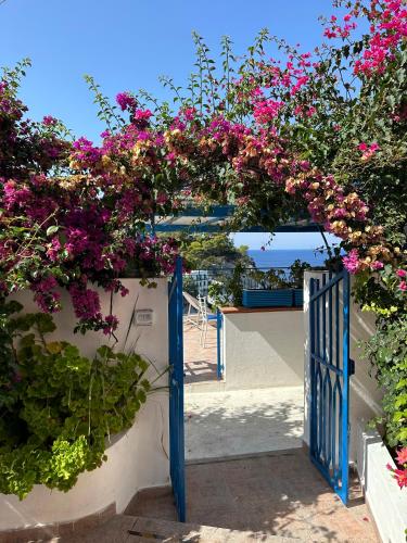 um portão azul com flores cor-de-rosa numa parede branca em Casa Talento em Ponza