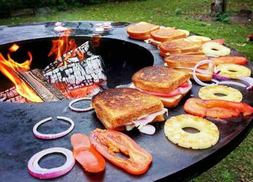 a grill with sandwiches and vegetables and a fire at Prachtige vakantiewoning met weids uitzicht in Maldegem
