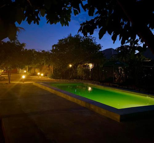 a swimming pool with green illumination at night at Diana Place in Paje