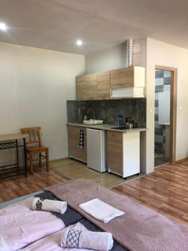 a living room with a kitchen and a table at TARNICA in Dwernik