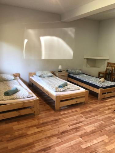 3 łóżka w pokoju z drewnianą podłogą w obiekcie TARNICA w mieście Dwernik