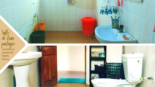 two pictures of a bathroom with a toilet and a sink at Petit cocon douillet chez l'habitant in Porto-Novo