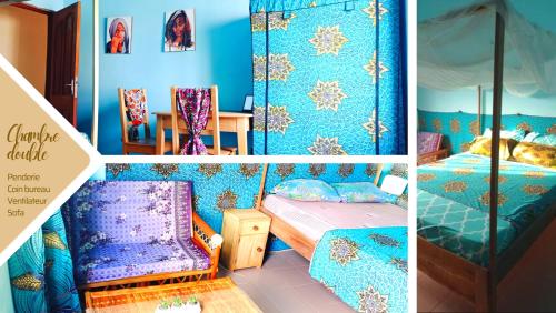 un collage de tres fotos de un dormitorio en Petit cocon douillet chez l'habitant en Porto-Novo