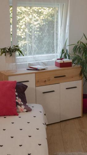 a bedroom with a desk with a window and a couch at Apartmani Bubamara Leskovac in Leskovac