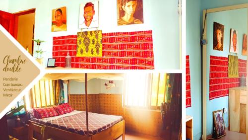 un collage de fotos de una habitación con cama en Pied à terre central et lumineux chez l'habitant en Porto-Novo