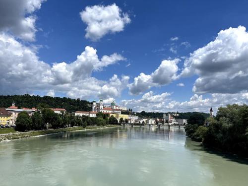 vista su un fiume con una città sullo sfondo di Schöne Wohnung in Passau a Passavia