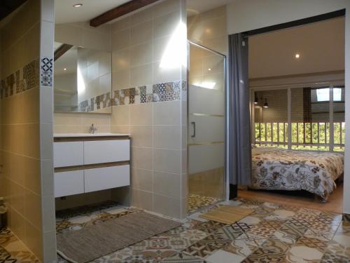 ein Bad mit einer Dusche, einem Waschbecken und einem Bett in der Unterkunft le Domaine des Sauvineries in Saint-Germain-de-Prinçay