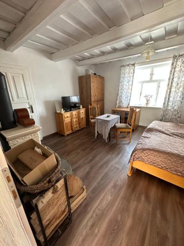 una camera con letto, scrivania e TV di apartman slovensky raj a Spišský Štiavnik
