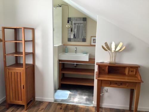 a bathroom with a sink and a mirror at LE JARDIN D'HILAIRE in LʼEntre-Deux