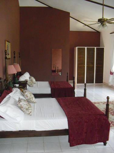 two beds in a hotel room with red walls at Tamarind Great House in Oracabessa