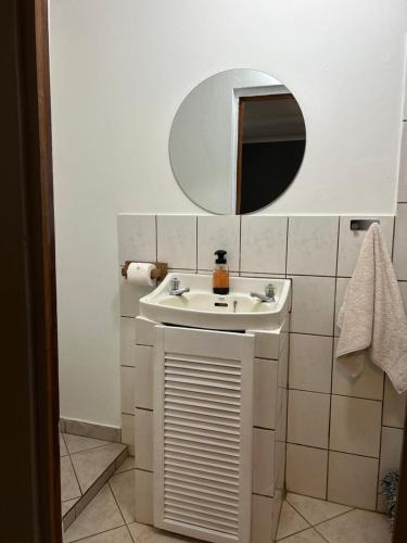 a bathroom with a white sink and a mirror at Ama Zulu Guesthouse & Safaris in Hluhluwe