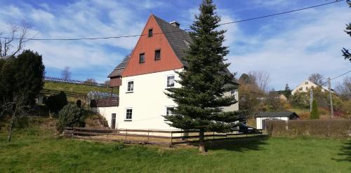 a large white house with a tree in a field at Ferienwohnung Sonnenblume in Pfaffroda