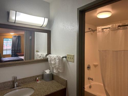 a bathroom with a sink and a mirror and a shower at Super 8 by Wyndham WestEnd Alexandria,VA Washington DC Area in Alexandria