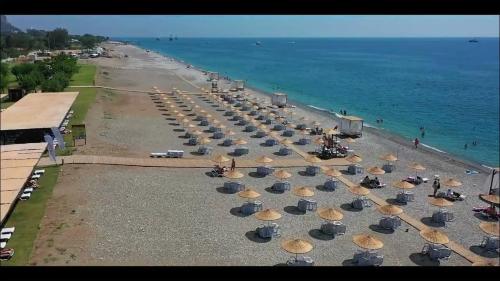 a group of umbrellas on a beach next to the ocean at nado in Kemer