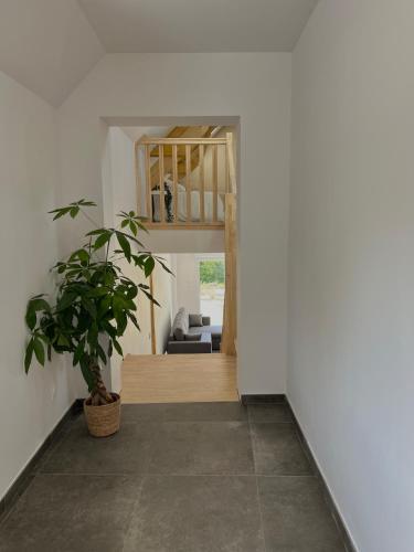 a hallway with a potted plant and a living room at Maison in Enquin-sur-Baillons