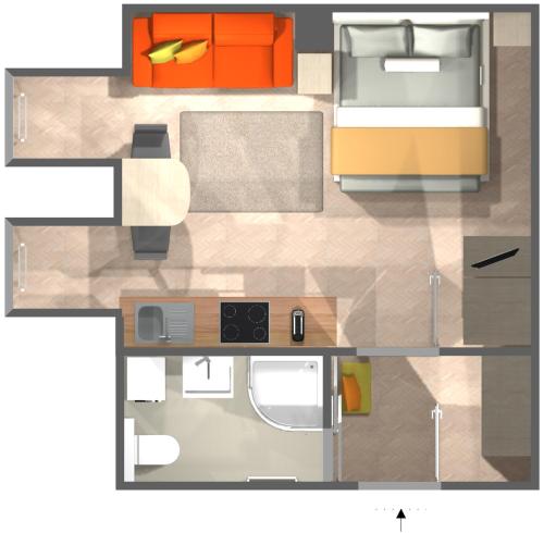 a floor plan of a room with a kitchen at Appartement GRAZIE in Graz
