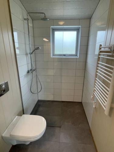 a small bathroom with a toilet and a window at Stunning house - amazing scenery in Hvolsvöllur