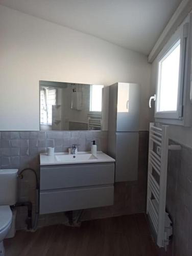 een badkamer met een wastafel, een toilet en een spiegel bij Maison, rue calme dans village in Saint-Mitre-les-Remparts