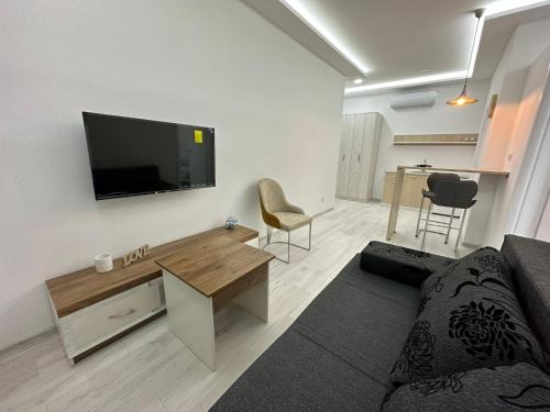 uma sala de estar com uma televisão de ecrã plano na parede em Apartmani City Foča em Foca