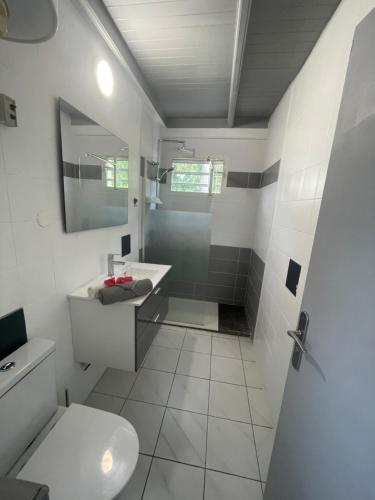 a white bathroom with a sink and a toilet at Appart-97290- Vue magnifique sur Mer in Le Marin