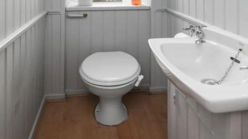 La salle de bains est pourvue de toilettes blanches et d'un lavabo. dans l'établissement Garmisch Karwendel Ferienhaus, à Garmisch-Partenkirchen