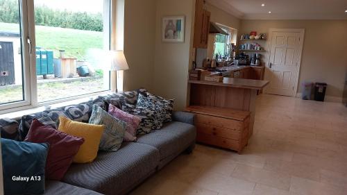 a living room with a couch with colorful pillows at Safe Haven - Luxury Family Accommodation in Carlingford