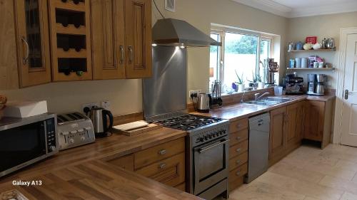a kitchen with wooden cabinets and a stove top oven at Safe Haven - Luxury Family Accommodation in Carlingford