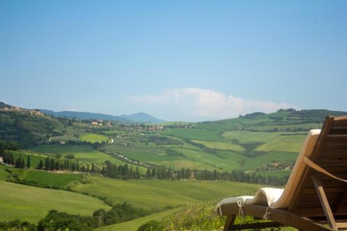 a wooden chair sitting on top of a green hill at Poggio ai Gelsi in Pienza