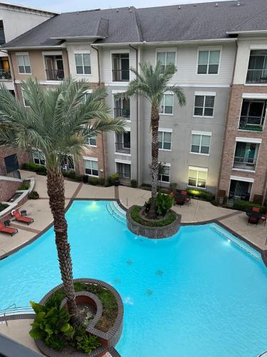 a large swimming pool with palm trees in front of a building at One bedroom apt near NRG and Medical Ctr in Houston