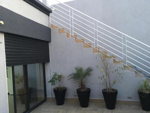 una escalera con macetas junto a un edificio en TRIPLEX L'OCÉAN en Safi