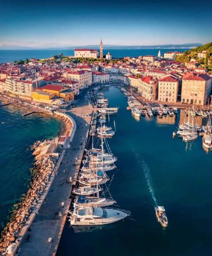 Una vista aérea de un puerto con barcos en el agua. en Freedom studio, en Piran