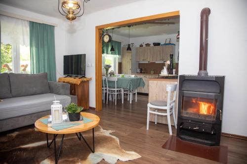 a living room with a couch and a wood stove at Zeleni brig in Mrkopalj