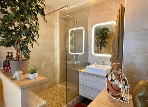 une salle de bain avec douche et lavabo dans l'établissement Duplex Paris & Parc des Princes, à Boulogne-Billancourt