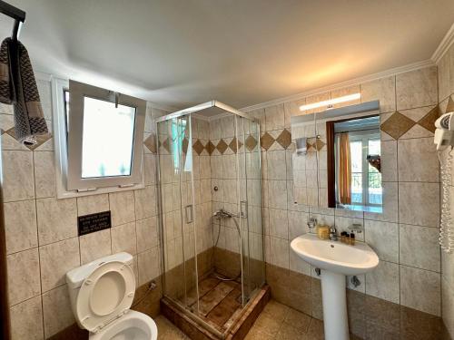 a bathroom with a shower and a toilet and a sink at Dimarion Villas in Agios Nikitas