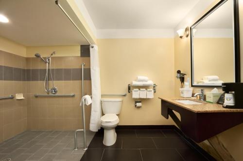 a bathroom with a toilet and a shower and a sink at Days Inn by Wyndham Fultondale in Fultondale