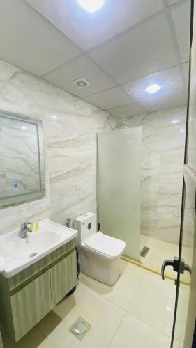 a bathroom with a toilet and a sink and a shower at Syndebad desert camp in Wadi Rum