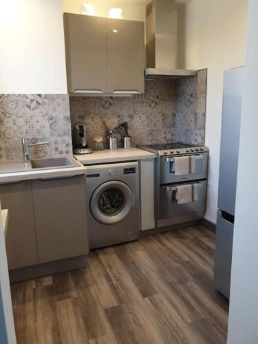 une cuisine avec une machine à laver et un évier dans l'établissement F2 tout confort avec vue panoramique, à Bastelicaccia