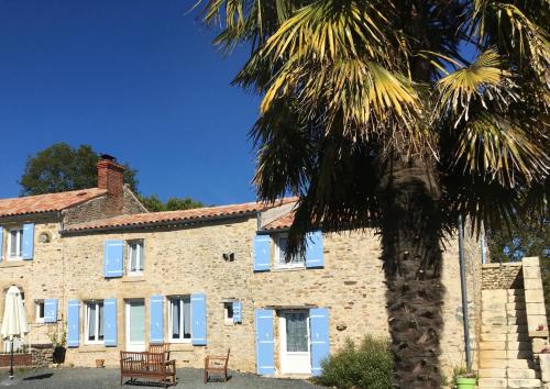 a palm tree in front of a building with blue shutters at La Frouardière, 3 gîtes de charme in Antigny