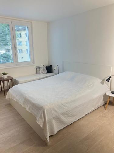 a white bedroom with a large bed and a window at Apartment Maria in Mariánské Lázně