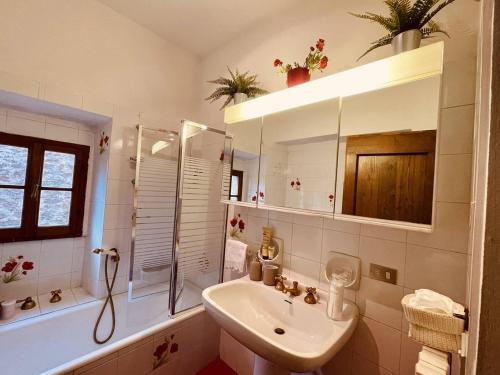 ein weißes Badezimmer mit Waschbecken und Dusche in der Unterkunft Chianti Home with Pool Terrace Garden and Magnificient View 2 to 8 persons in Greve in Chianti