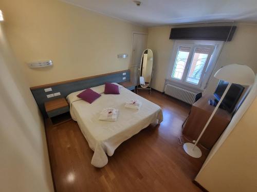 a bedroom with a bed with purple pillows and a mirror at Attico Masse Lake view in Brenzone sul Garda