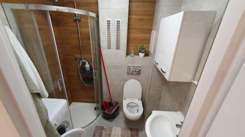 a small bathroom with a shower and a toilet at Comfort Apartament in Rzeszów