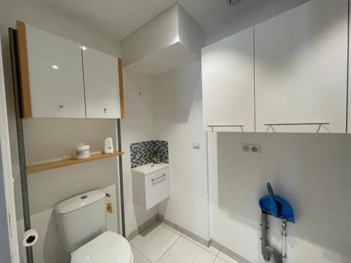a white bathroom with a toilet and a sink at La Frouardière, 3 gîtes de charme in Antigny