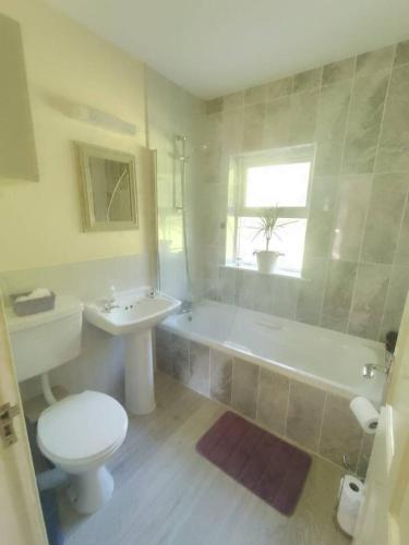 a bathroom with a toilet and a tub and a sink at Kilarney cottage in Killarney
