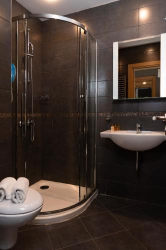a bathroom with a shower and a sink and a toilet at St. George Hotel in Sofia