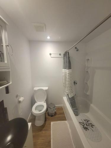 a white bathroom with a toilet and a shower at Cute apartment close to highway in Edmundston