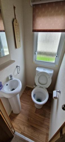 a small bathroom with a toilet and a sink at A5 Avocet Rise in Goodrington