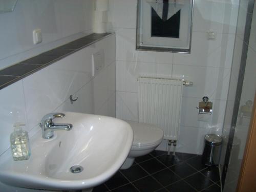 a bathroom with a sink and a toilet at Pension Rialto in Staufenberg
