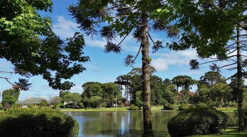 a view of a lake in a park with trees at Espetacular apartamento em Canela, Laje de Pedra - Mountain Village in Canela