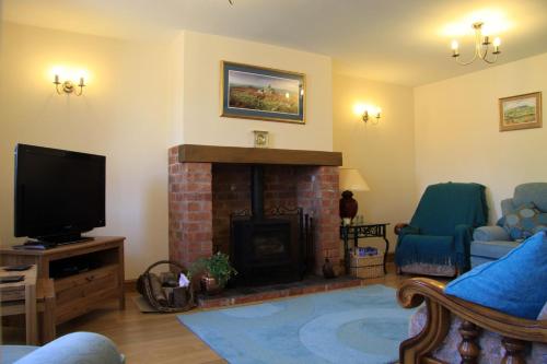a living room with a fireplace and a tv at The Granary Self Catering Cottage in Shrewsbury